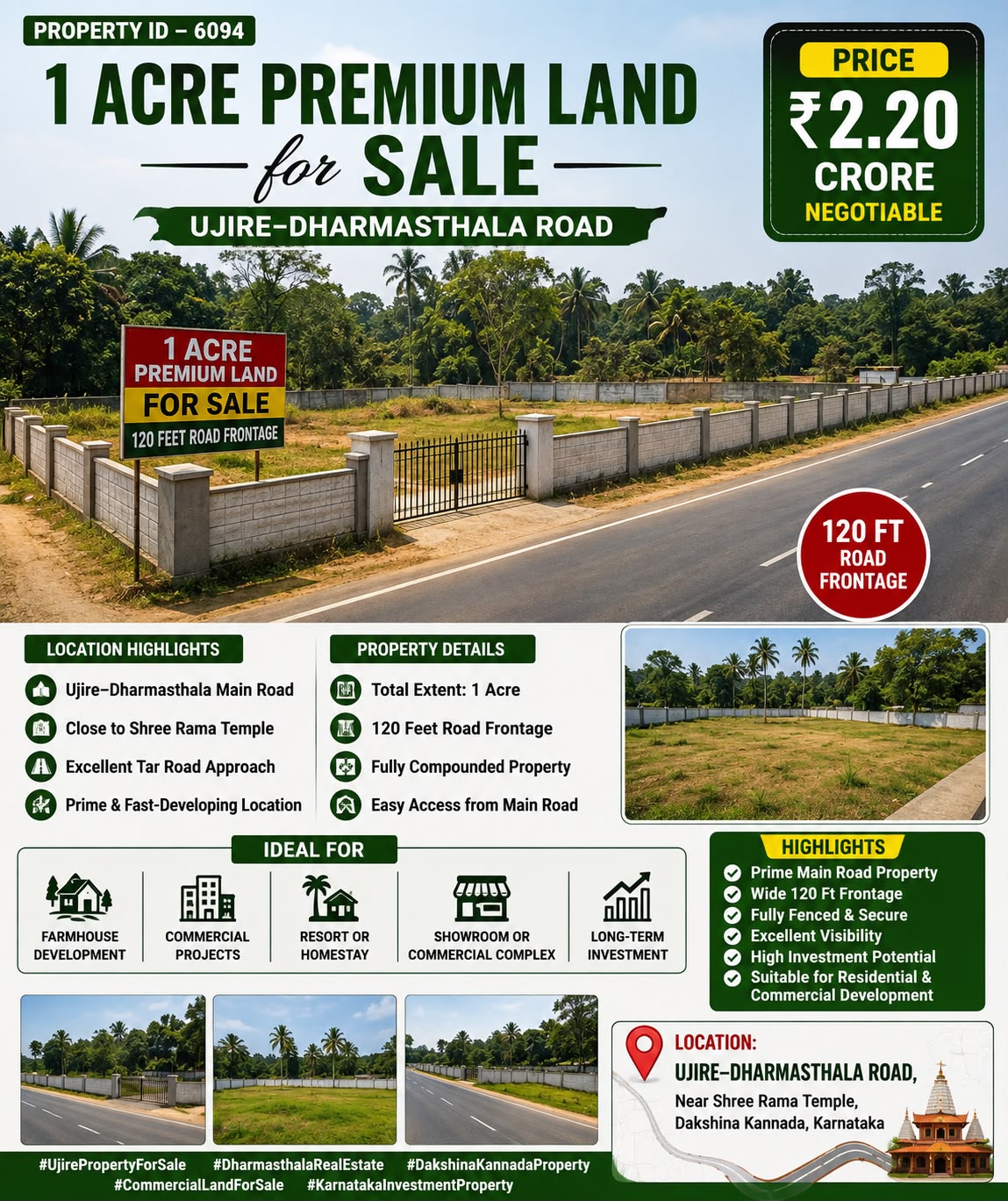 🆔 *PROPERTY ID – 6094* 🌿 *1 Acre Premium Land for Sale – Ujire–Dharmasthala Road*